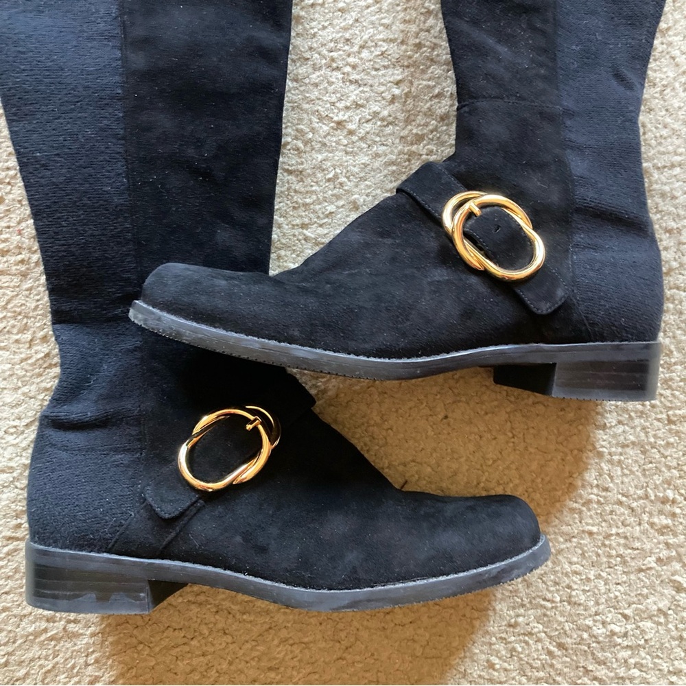 Stuart Weitzman Black Over-the-Knee Suede Boots with Gold Accent - Picture 9 of 16